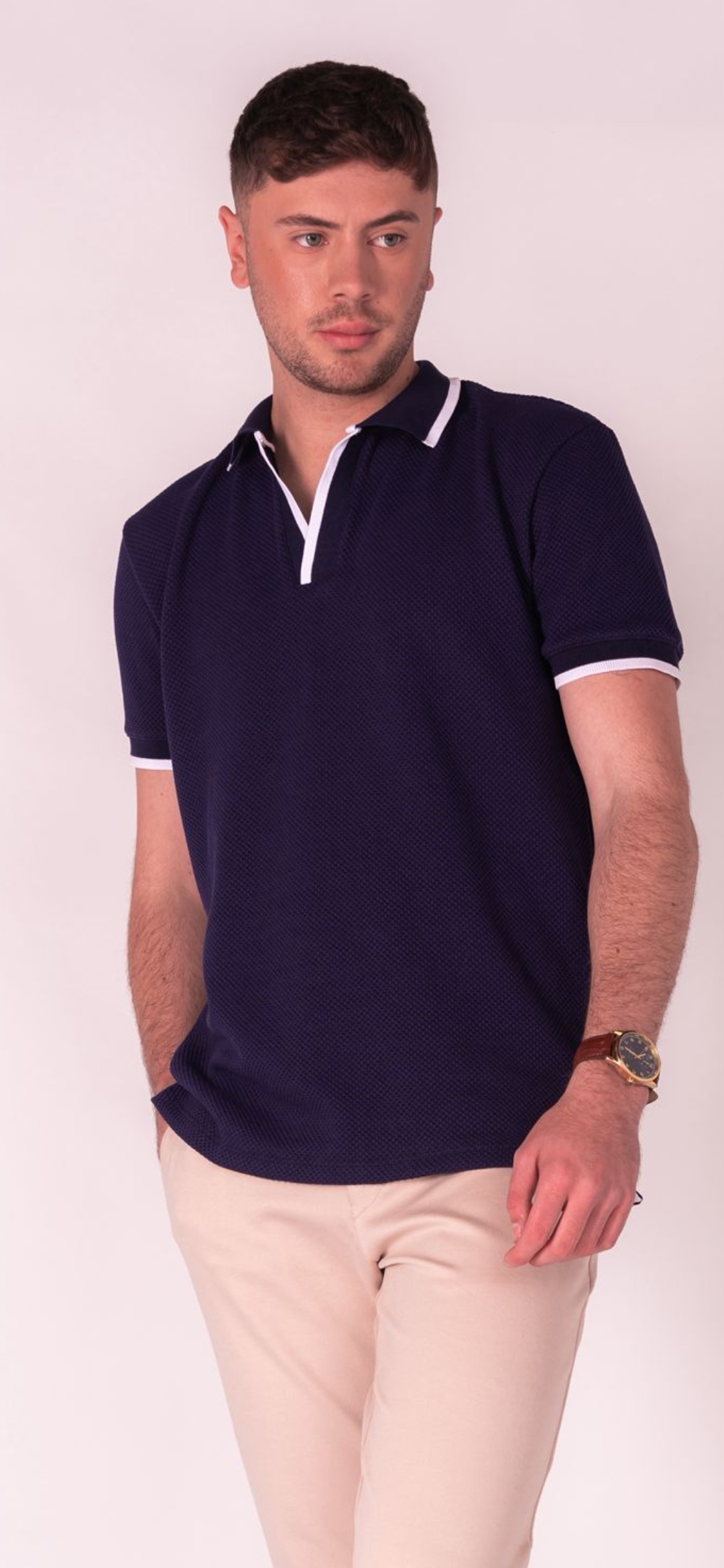 Polo Austin bicolor, tela texturizada, azul marino y blanco, foto 1,S, M, L, XL, $90